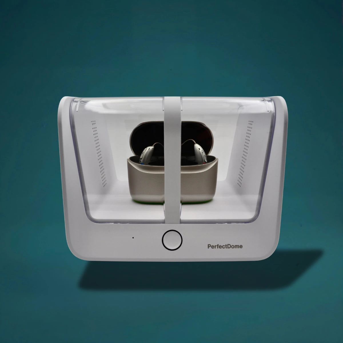 Audinell PerfectDome Trockenstation mit eingelegten Hörgeräten, Frontansicht
