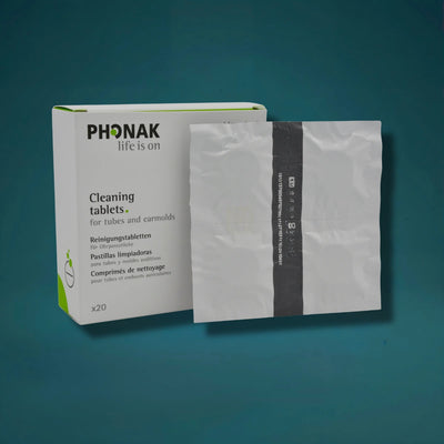 Phonak Reinigungstabletten, geöffnete Packung mit einzelnen Tabletten