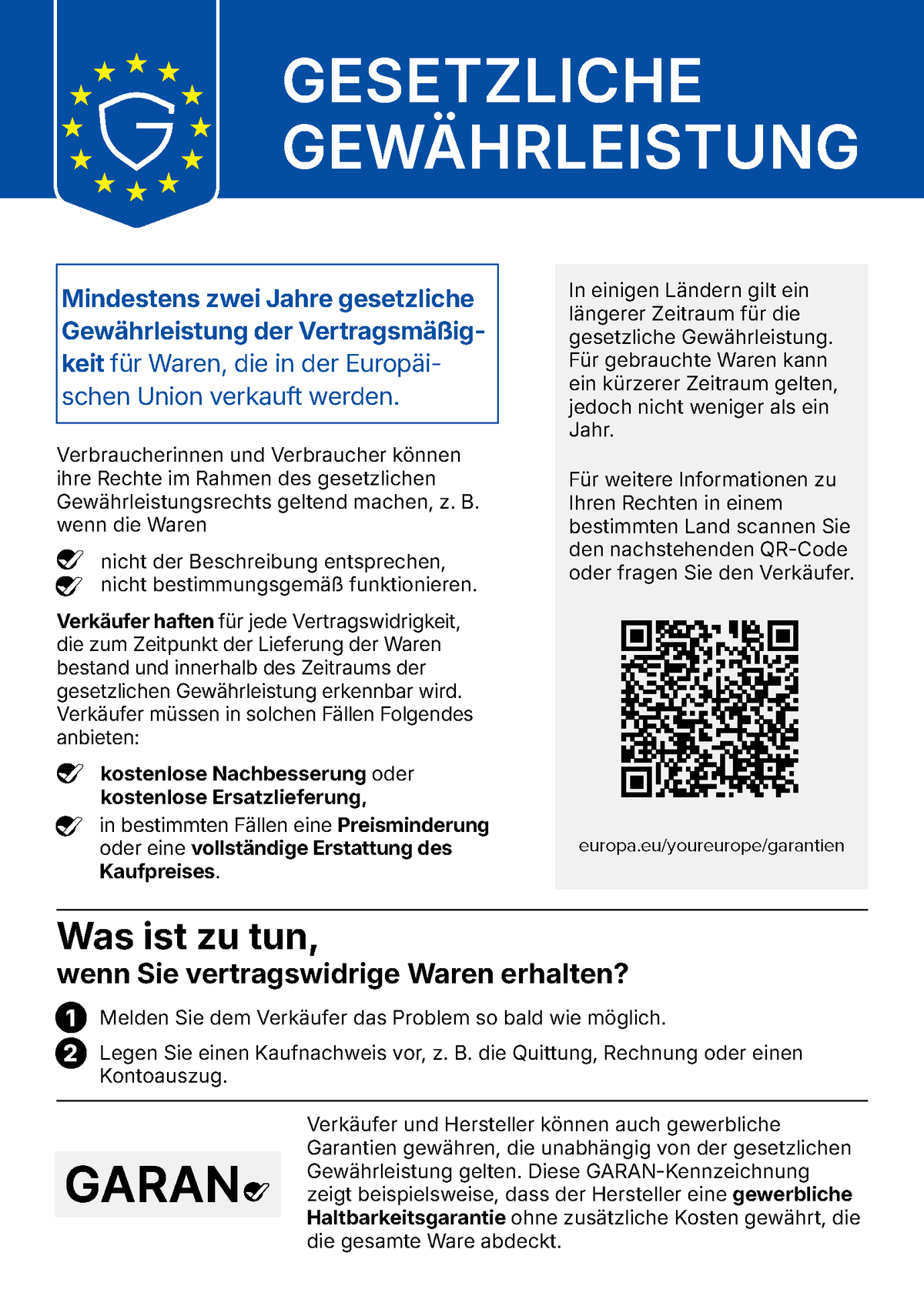 EU-Hinweis Gesetzliche Gewährleistung: Mindestens zwei Jahre gesetzliche Gewährleistung der Vertragsmäßigkeit für Waren, die in der Europäischen Union verkauft werden. Bei vertragswidriger Ware: kostenlose Nachbesserung oder Ersatzlieferung, in bestimmten Fällen Preisminderung oder Erstattung des Kaufpreises.